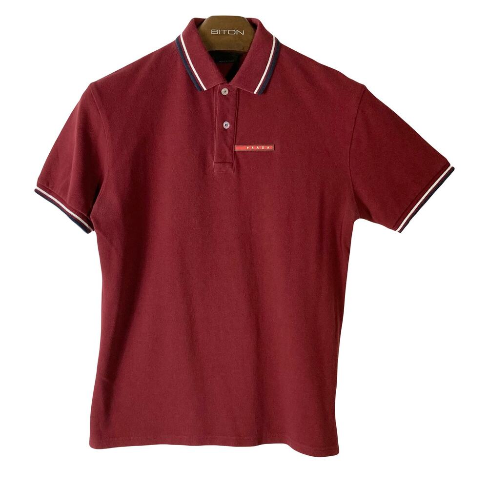 PRADA Polo Shirt M ITALY Burgundy Logo-Red-Tab-Classic Stripe-Hem Short-Sleeve